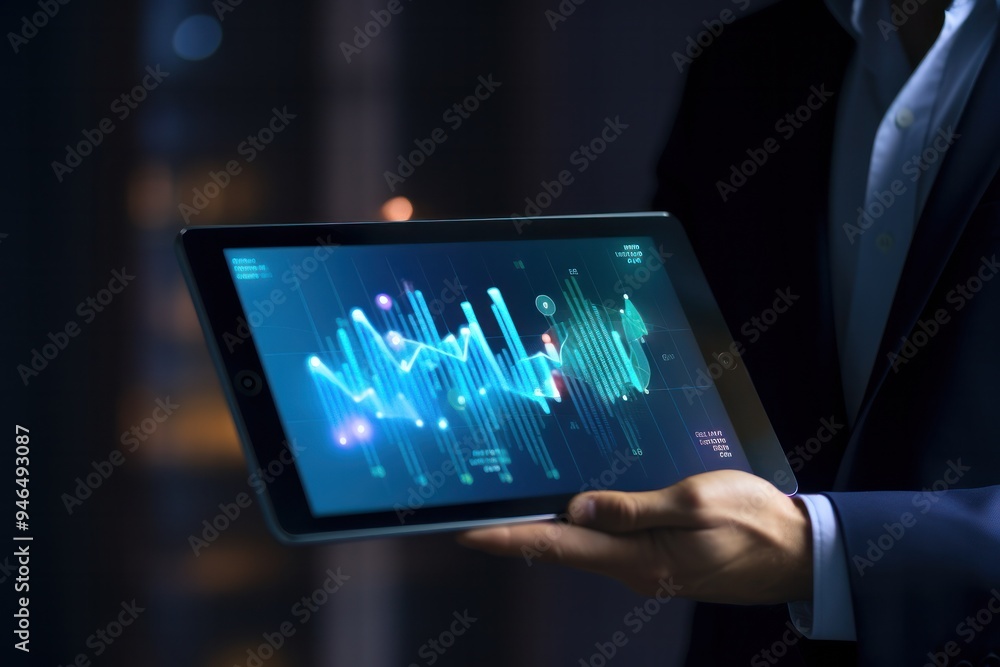 A focused businessman holds a tablet at an angle, with transparent holographic charts