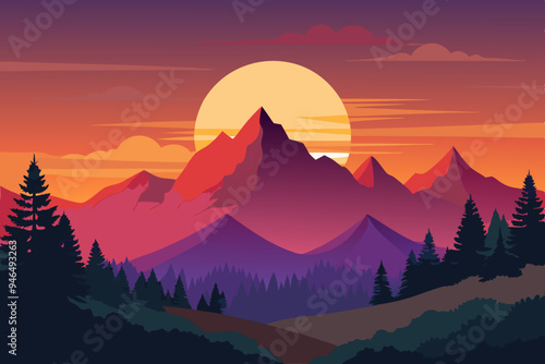 Serene Sunset Over Mountain Vector