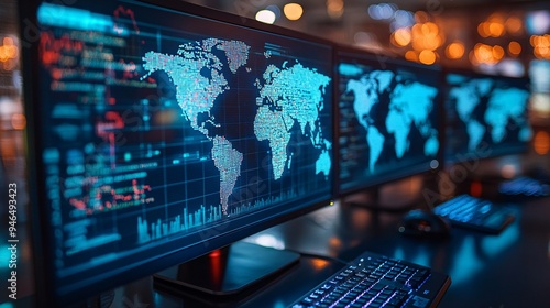 Cybersecurity Breach - Hacker at Work on Multiple Computers with Digital World Map Displayed, Blurred Tech Background