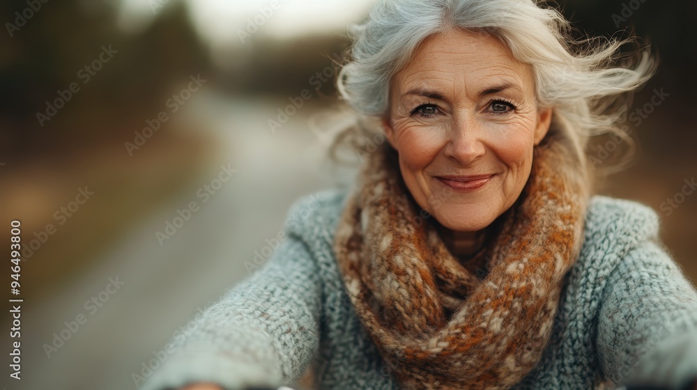 An elderly woman with gray hair and a warm smile, dressed in a cozy sweater and scarf, stands on a countryside road, embodying warmth, nostalgia, and happiness. An elderly woman with gray hair and a warm smile, dressed in a cozy sweater and scarf, stands on a countryside road, embodying warmth, nostalgia, and happiness.