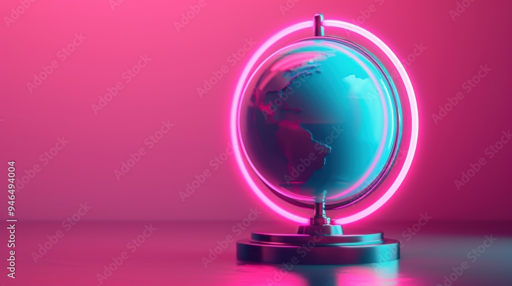 A neon globe glowing softly against a dark background, with a minimalist design that focuses on the beauty of the neon light. The image's ample copy space makes it perfect for customization. A neon globe glowing softly against a dark background, with a minimalist design that focuses on the beauty of the neon light. The image's ample copy space makes it perfect for customization.