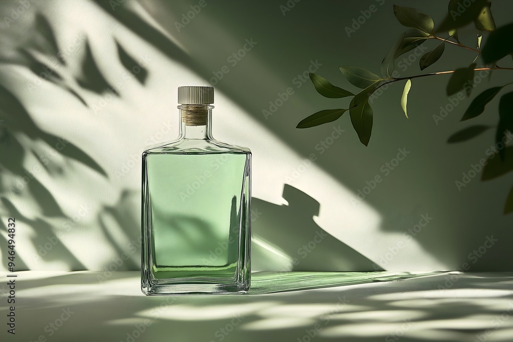 Green glass perfume, gin bottle, product mockup design, postmodern, transparency white and green lighting, leaves. Green glass perfume, gin bottle, product mockup design, postmodern, transparency white and green lighting, leaves.