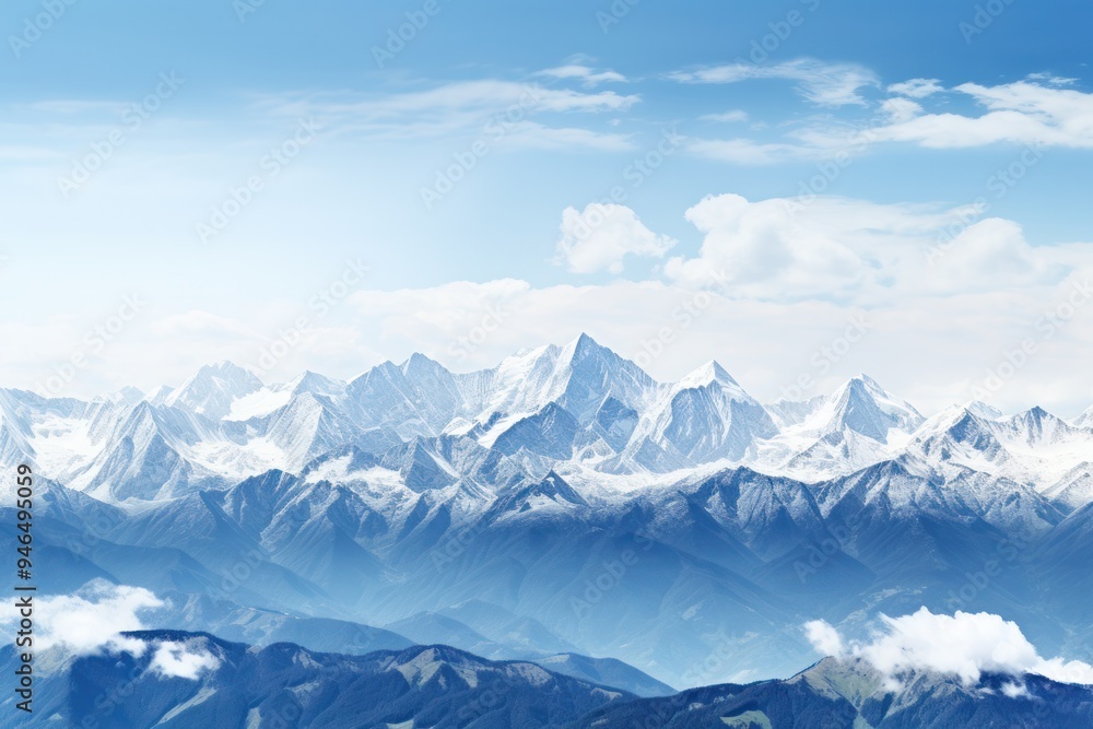 Obraz premium A panoramic view of a majestic mountain range with snow-capped peaks under a clear blue sky
