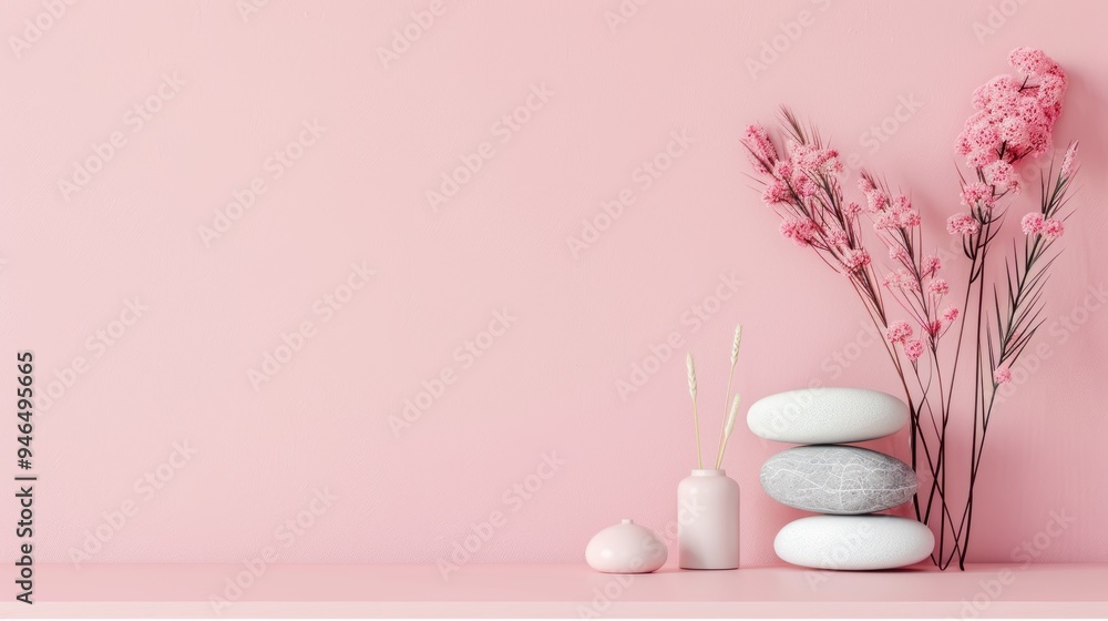 A minimalist spa setting bathed in soft pink tones, featuring a serene and uncluttered atmosphere with ample copy space for text or graphics. A minimalist spa setting bathed in soft pink tones, featuring a serene and uncluttered atmosphere with ample copy space for text or graphics.