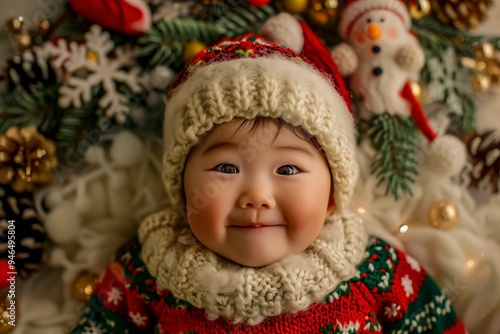 Cheerful Baby Wearing Festive Sweater and Hat Surrounded by Holiday Decorations