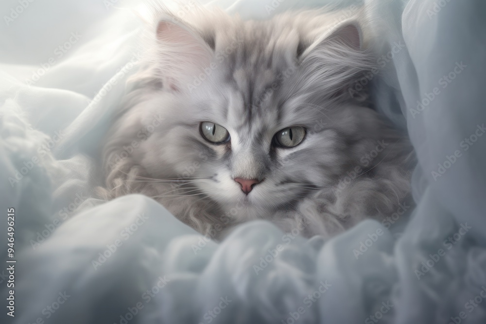 Obraz premium A serene gray cat curled up in a cozy ball, with soft lighting highlighting its fur