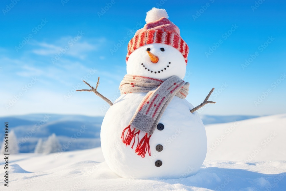 Obraz premium A smiling snowman with a colorful woolen hat and mittens, standing on a snow-covered hill with a clear blue sky