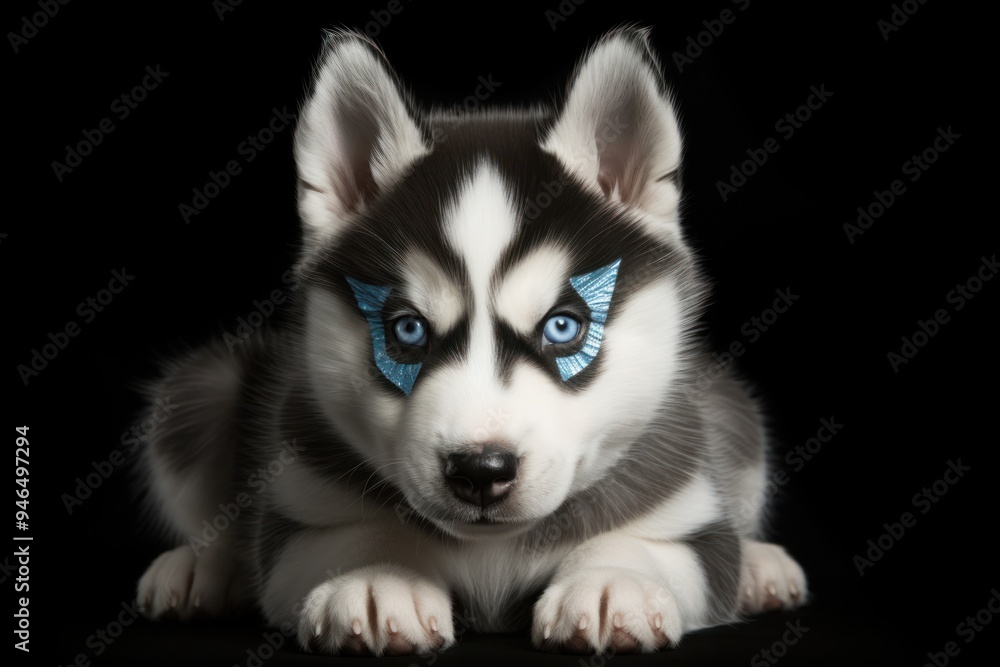 Fototapeta premium A sweet Siberian Husky puppy with striking blue eyes and a distinctive mask, sitting patiently with its paws neatly arranged.