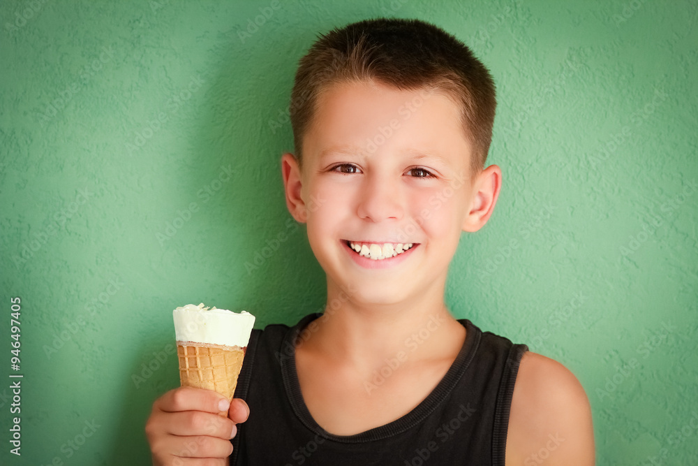 A happy child with ice cream in hands in nature travel A happy child with ice cream in hands in nature travel