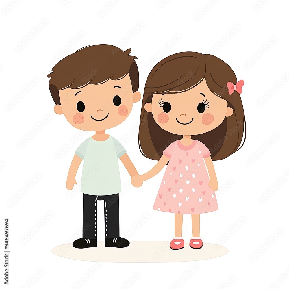 Boy and girl holding hands, smiling and looking forward Boy and girl holding hands, smiling and looking forward