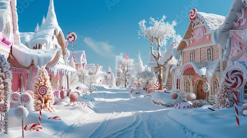 Enchanted candy land with pink and white buildings in snowy wonderland under clear blue sky photo