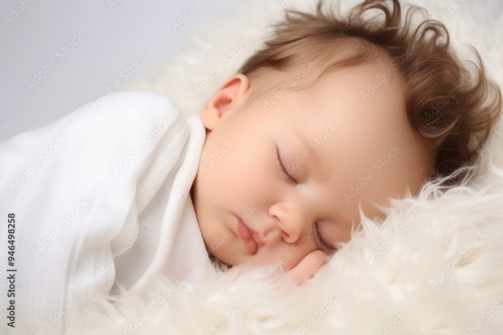 Adorable newborn baby with soft, wispy hair peacefully sleeping on a fluffy white blanket Adorable newborn baby with soft, wispy hair peacefully sleeping on a fluffy white blanket