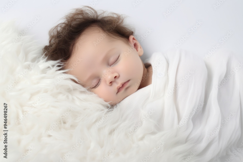 Adorable newborn baby with soft, wispy hair peacefully sleeping on a fluffy white blanket Adorable newborn baby with soft, wispy hair peacefully sleeping on a fluffy white blanket