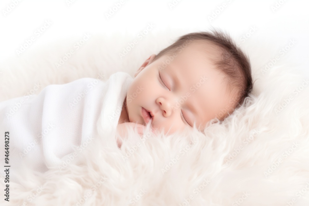 Adorable newborn baby with soft, wispy hair peacefully sleeping on a fluffy white blanket Adorable newborn baby with soft, wispy hair peacefully sleeping on a fluffy white blanket
