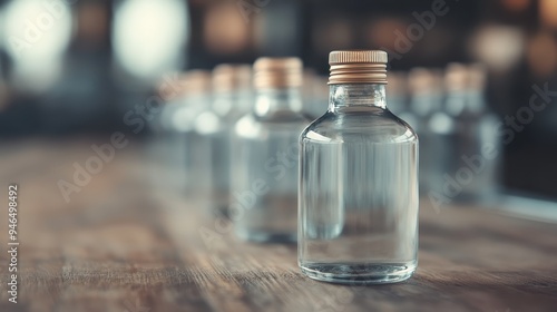 A row of small clear glass bottles with light wooden tops resting on a wooden surface, perfectly aligned and capturing the essence of simplicity and organization.