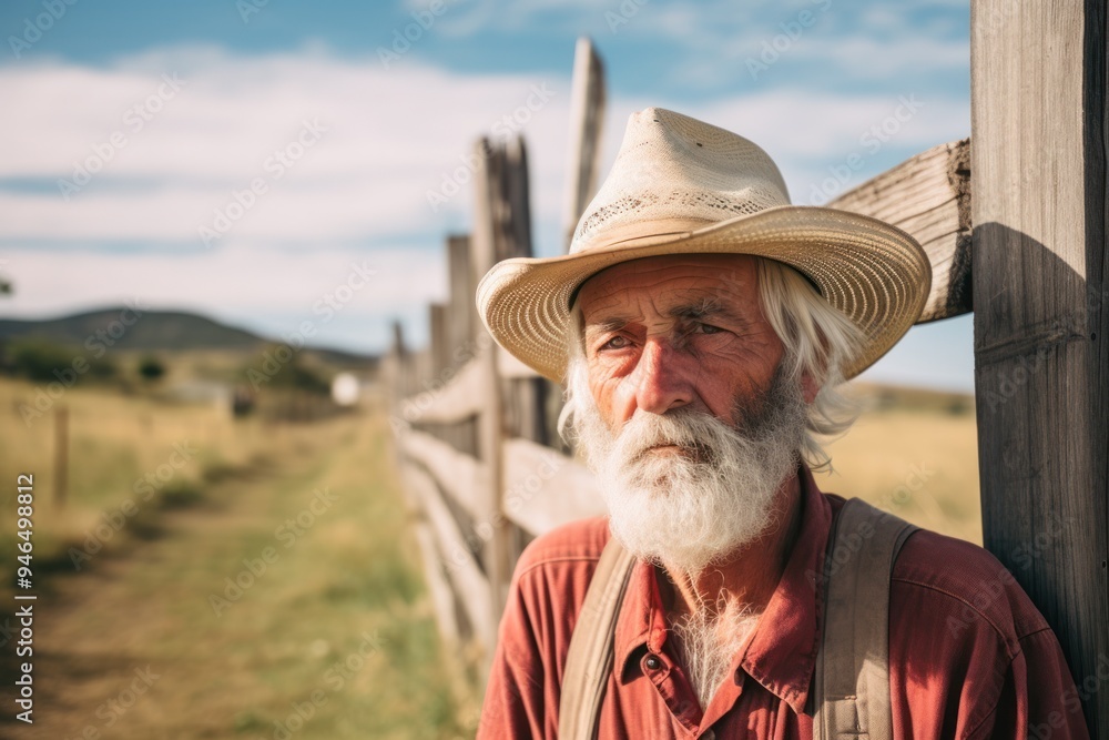 Fototapeta premium An elderly farmer with a weathered face and gray beard,