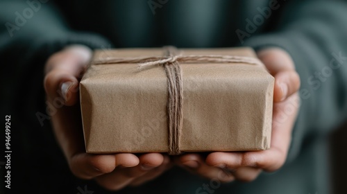 A close-up of a pair of hands gently clasping a small rectangular box tied with string, wrapped in brown paper, against a neutral background. photo