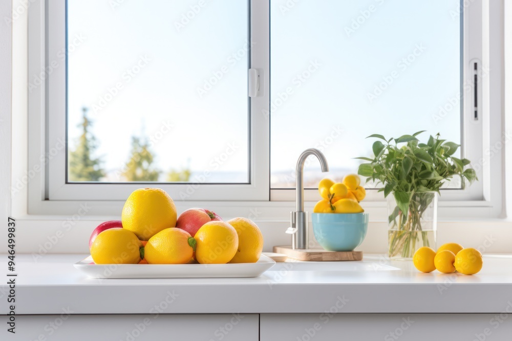 Bright and airy kitchen with minimalist design, featuring a large window allowing natural light to flood the space