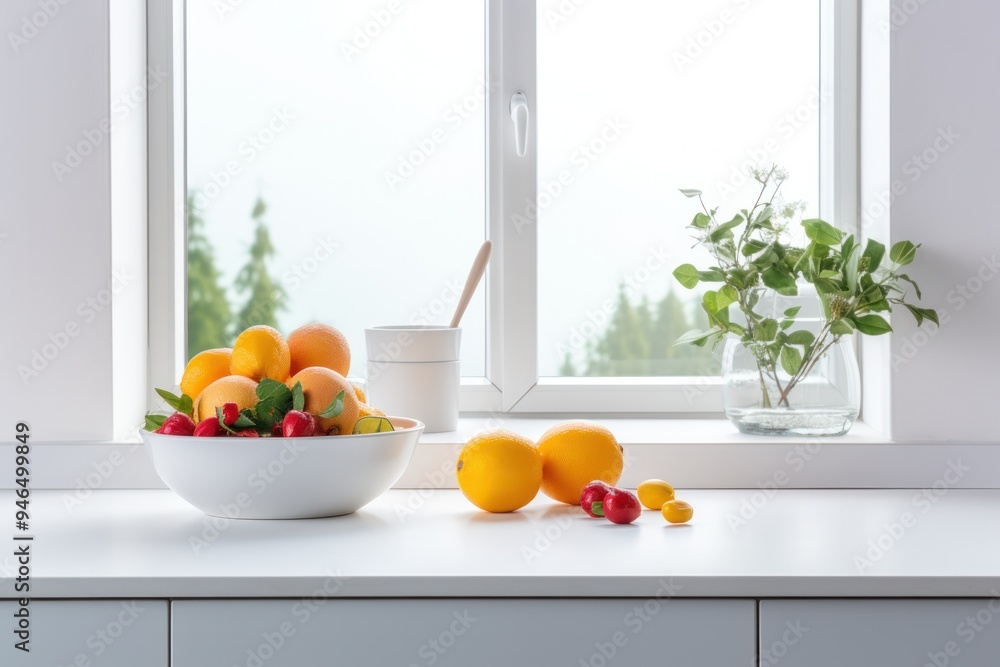 Bright and airy kitchen with minimalist design, featuring a large window allowing natural light to flood the space Bright and airy kitchen with minimalist design, featuring a large window allowing natural light to flood the space