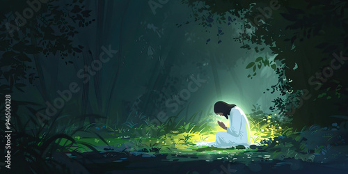 A minimalist artwork of Jesus praying in the garden of Gethsemane, illuminated by a single light source, conveying the depth of His anguish. photo