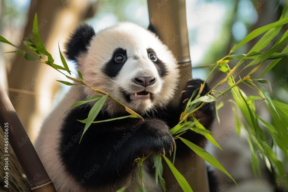 Obraz premium Close-up of a playful panda cub climbing a bamboo stalk
