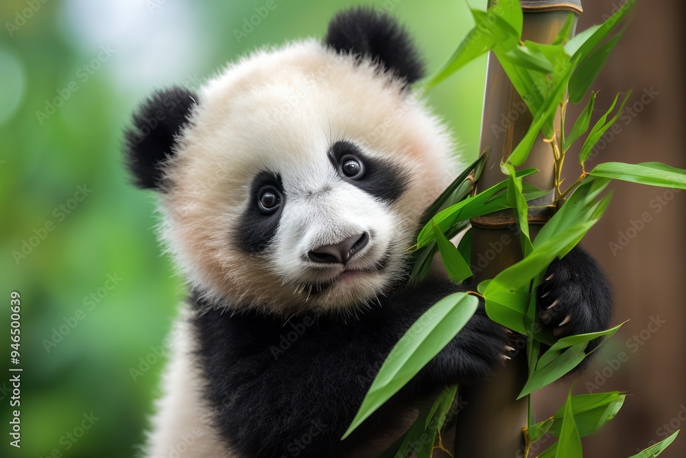 Naklejka premium Close-up of a playful panda cub climbing a bamboo stalk