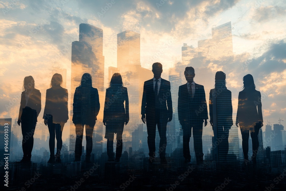 People standing in city skyline double exposure created with Generative AI People standing in city skyline double exposure created with Generative AI