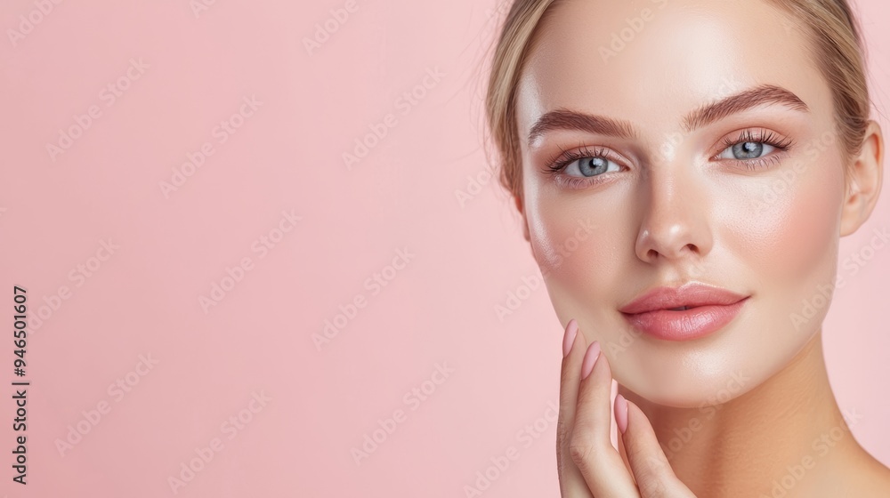 Naklejka premium Beautiful young woman with flawless skin against a soft pink background, showcasing a natural and radiant beauty look.