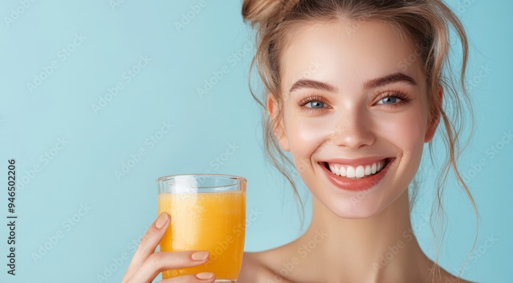 A cheerful woman enjoying a refreshing glass of orange juice, showcasing a vibrant smile against a bright blue background. A cheerful woman enjoying a refreshing glass of orange juice, showcasing a vibrant smile against a bright blue background.