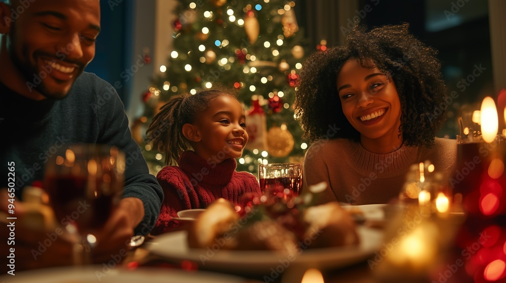 A joyful family celebration around the dinner table with festive decorations during the holiday season A joyful family celebration around the dinner table with festive decorations during the holiday season
