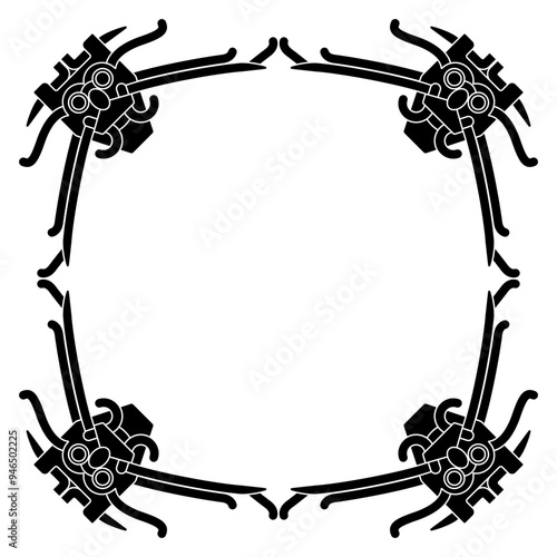Square frame with Scandinavian god Loki. Ethnic Viking design from Sigtuna, Sweden. Black and white silhouette.