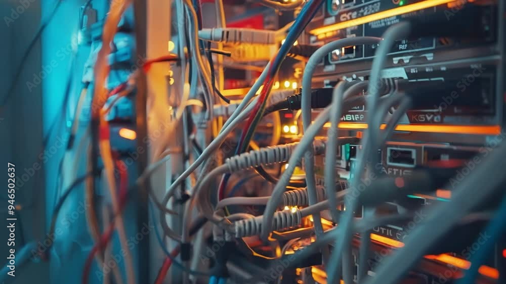 Neatly connected network cables blink in a bustling data center, showcasing seamless communication and storage Neatly connected network cables blink in a bustling data center, showcasing seamless communication and storage