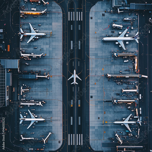 Aerial view of a busy airport runway with multiple airplanes parked and taking off.