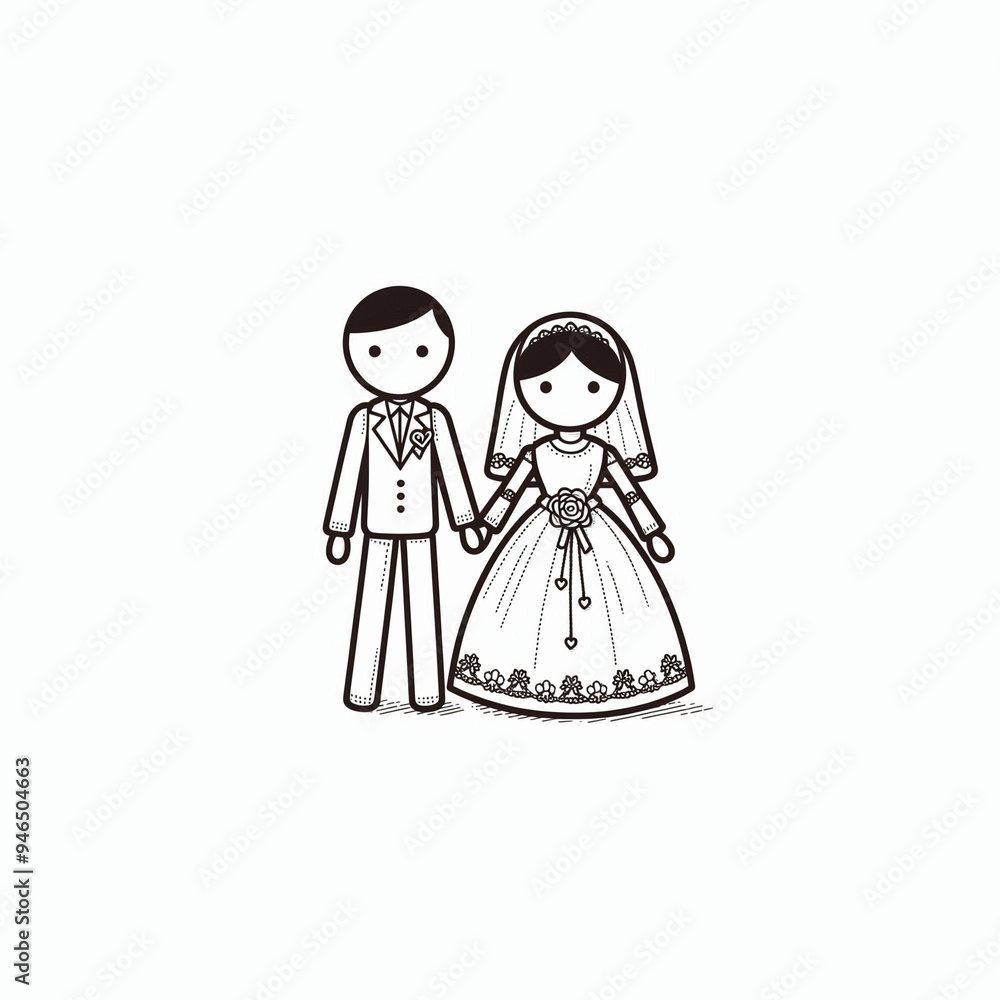 A puppet groom and a puppet bride holding hands on a white background. A puppet groom and a puppet bride holding hands on a white background.