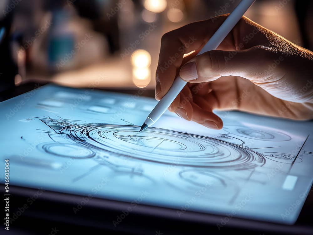 Close-up of a hand drawing on a digital tablet with a stylus. Close-up of a hand drawing on a digital tablet with a stylus.