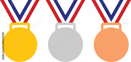 Three top winning medals hanging on red white and blue ribbon. gold medal, silver medal, bronze medal