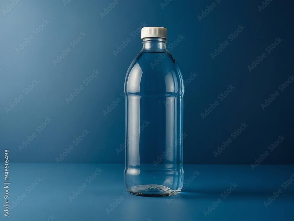 On a blue background, a transparent plastic bottle with a white top stands prominently On a blue background, a transparent plastic bottle with a white top stands prominently