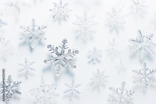 Macro shot of multiple snowflakes with unique geometric designs, softly scattered