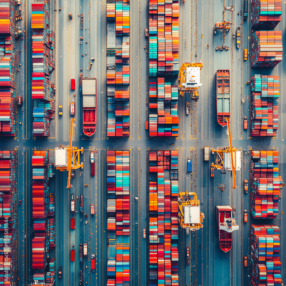 Aerial view of shipping containers at a busy port. Aerial view of shipping containers at a busy port.