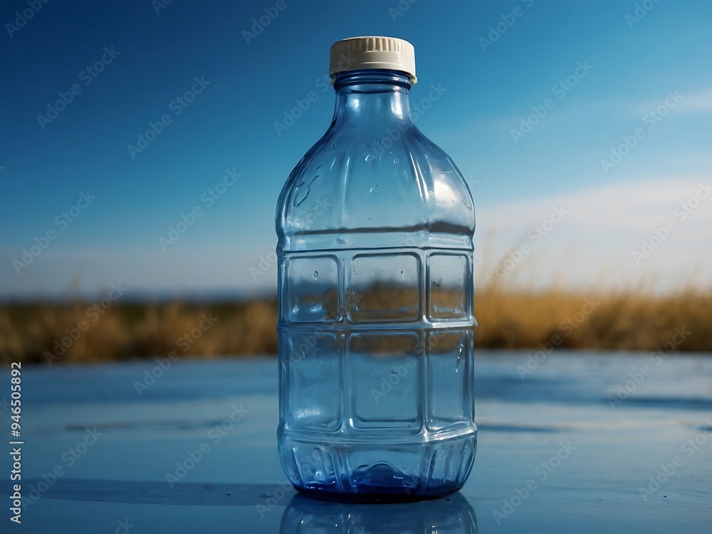 On a blue background, a transparent plastic bottle with a white top stands prominently On a blue background, a transparent plastic bottle with a white top stands prominently