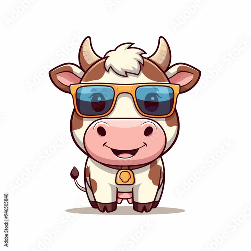 Cow head is wearing a sunglass Color, vector, illustration,