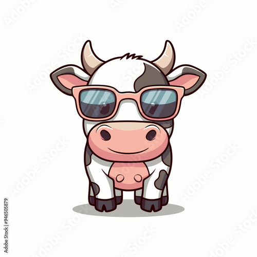 Cow head is wearing a sunglass Color, vector, illustration,
