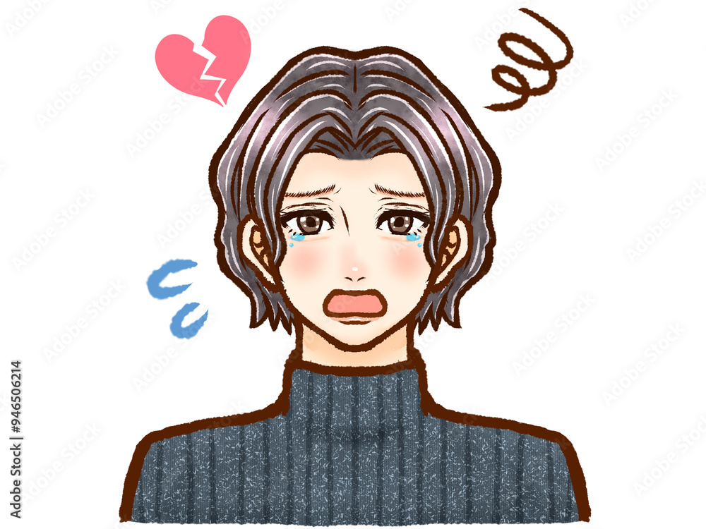 涙を流して悲しむパーマの大人男性の泣き顔イラスト素材4 涙を流して悲しむパーマの大人男性の泣き顔イラスト素材4