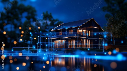 Smart home exterior, integrated technology, 3D illustration