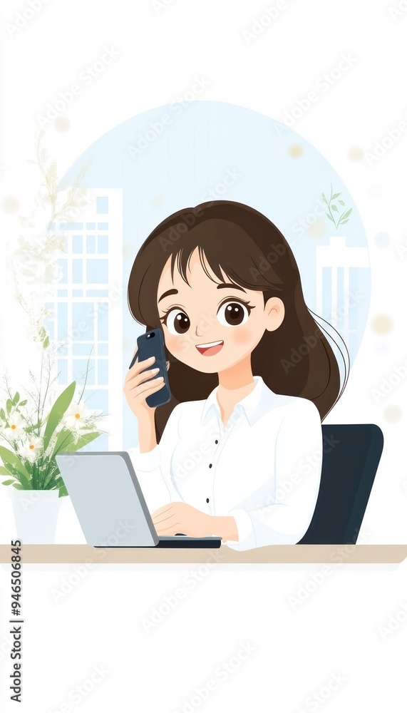 A delighted businesswoman receiving a phone call confirming funding approval, with a scenic city view outside her office window A delighted businesswoman receiving a phone call confirming funding approval, with a scenic city view outside her office window