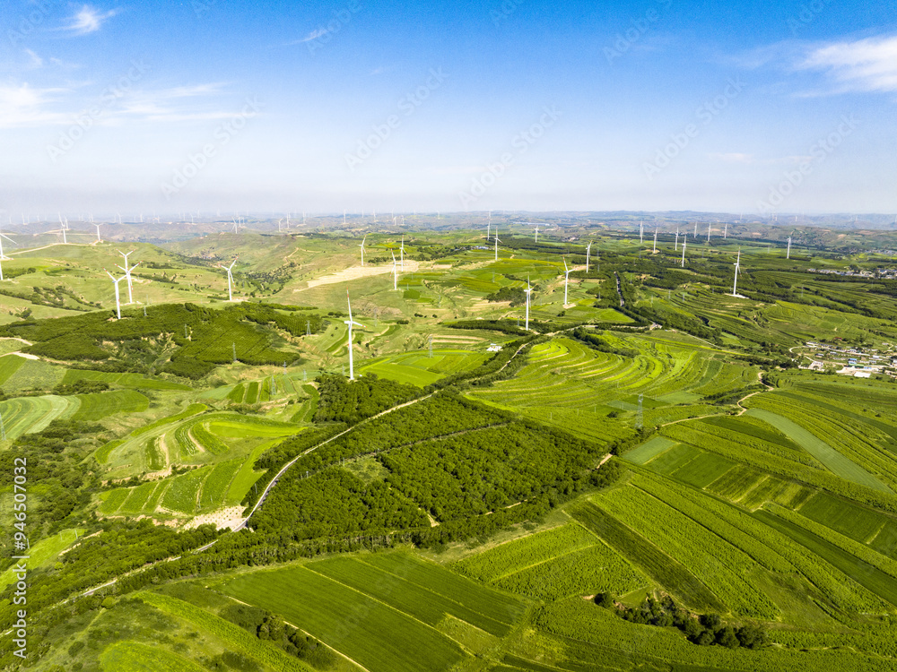 Fototapeta premium view of wind power turbine in field