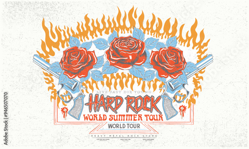 Red rose flower with gun artwork. Rock and roll vector graphic print design for apparel, posters, background and others. Rock star. Hard rock logo design.