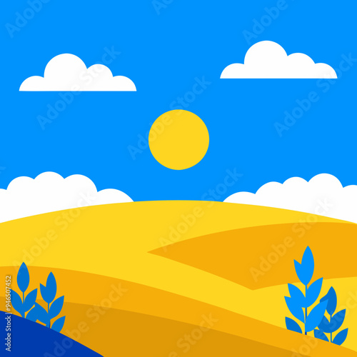 Ukrainian Steppe Sunset Wheat, Blue Sky & White Clouds - Vector Illustration