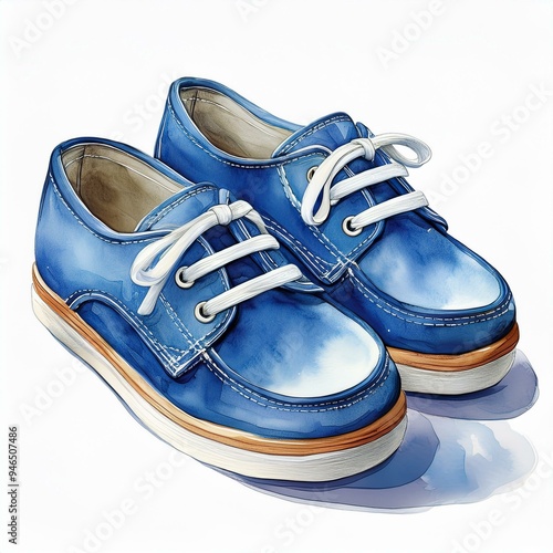 blue child shoes for boy, watercolor style illustration, hand drawn clipart good for card and print design