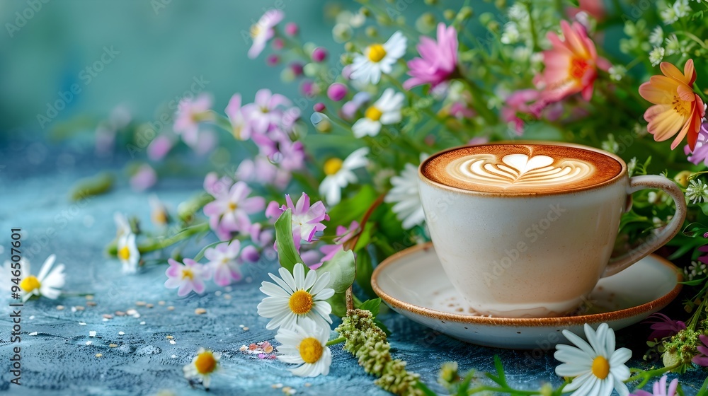 Delicate Floral Latte Art Framed by Vibrant Spring Florals and Greenery Delicate Floral Latte Art Framed by Vibrant Spring Florals and Greenery